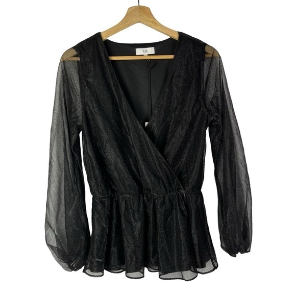 Nordstrom NSR Black Wrap Front Mesh Long Sleeve Top S - Picture 1 of 4